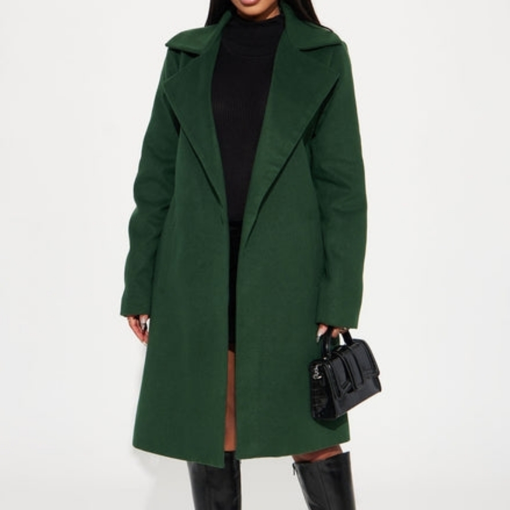 Hunter Green Long Faux Wool Coat - Size M